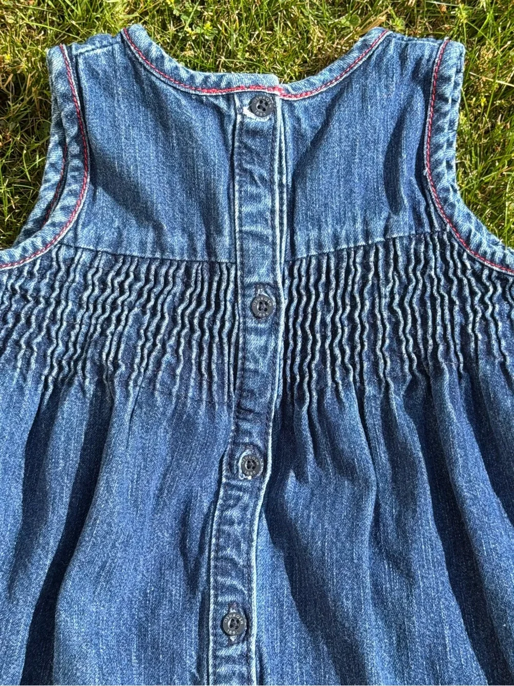 Vintage OshKosh Denim Dress 18M Smocked Embroidered City Skyline Hem 90s